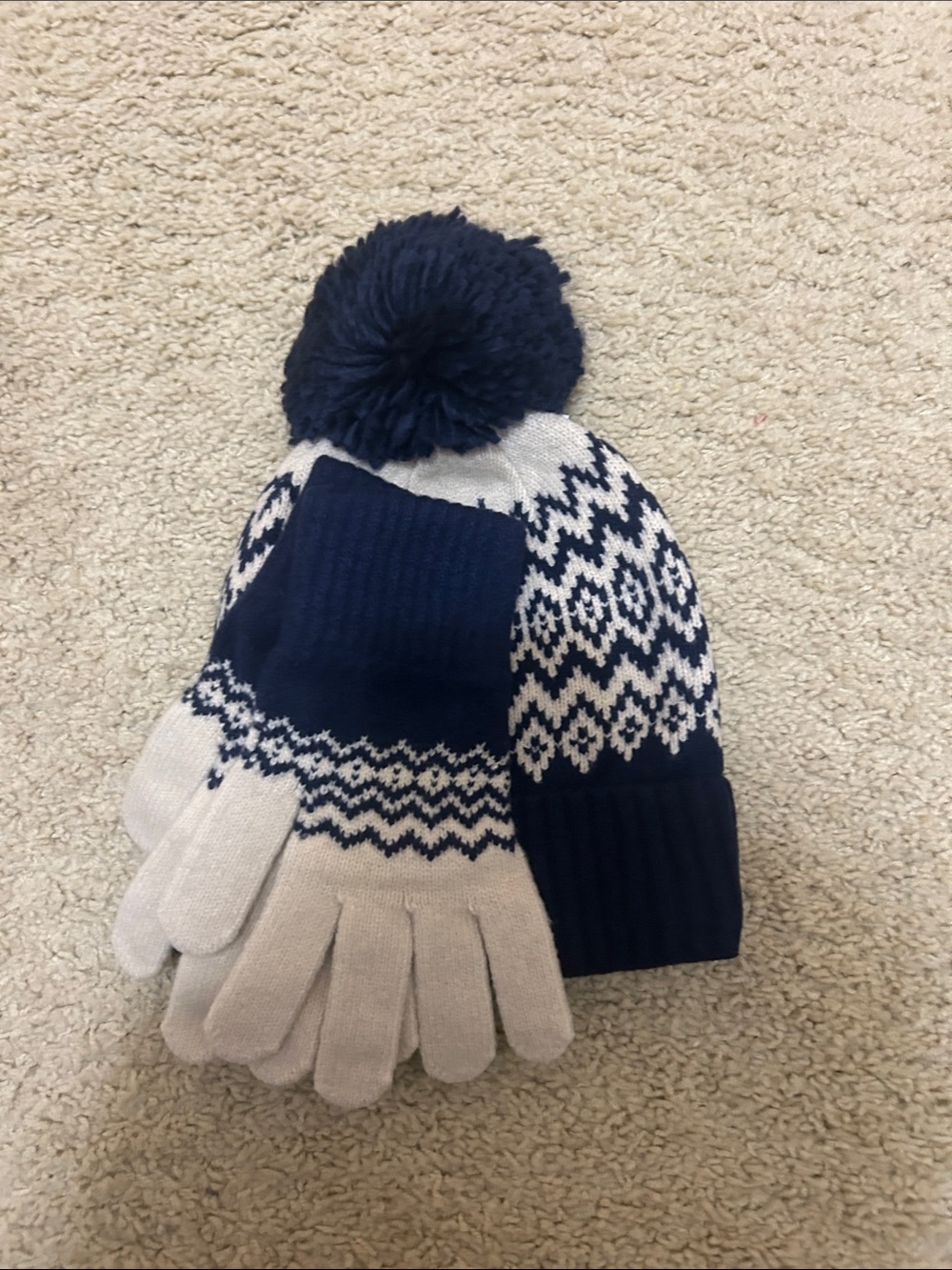 GAP Navy and White Pom-Pom Beanie with Matching Gloves
